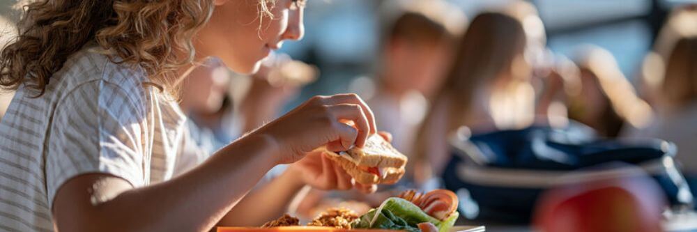 Niña comiendo su almuerzo en el colegio